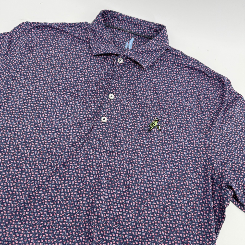 Johnnie-O Featherweight Floral Polo Shirt Mens Medium Navy Pink Parrot UPF 50